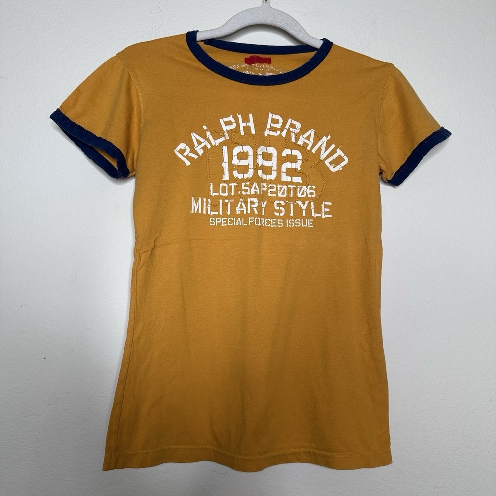 VTG Y2K T Shirt Womens Size XS ? Athletic Dept "Ralph Brand" Jersey Style Yellow